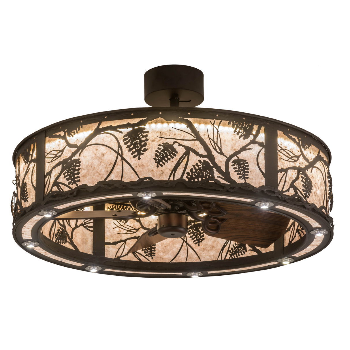 Front angled lit view showing pine branch design and warm mica glow.