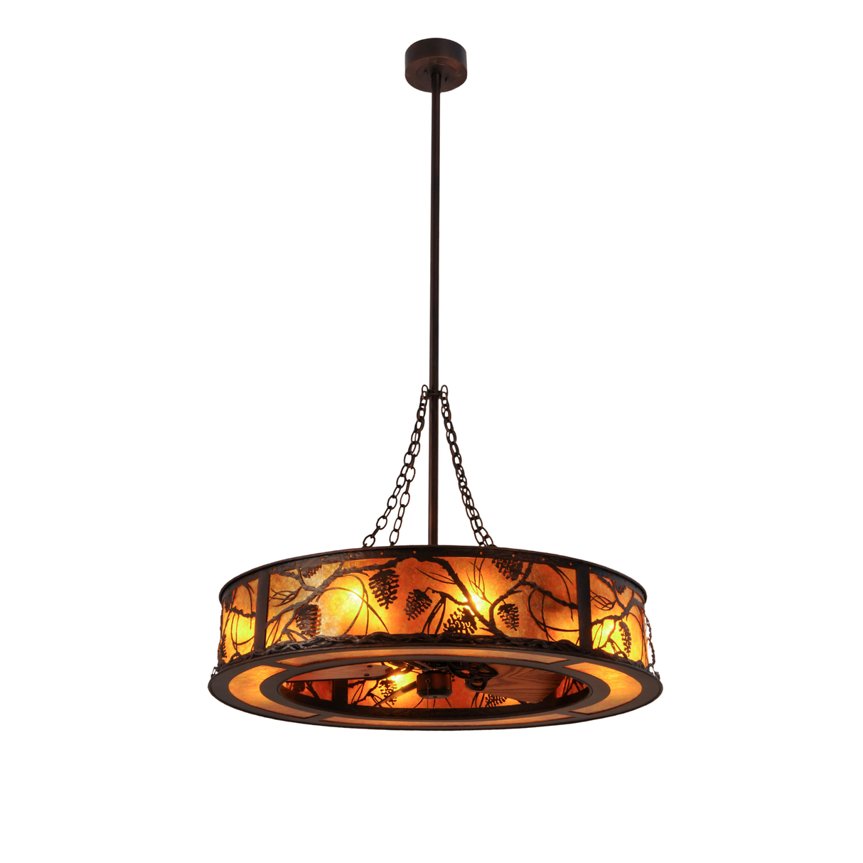 Front angled lit view highlighting amber mica glow and pinecone details.