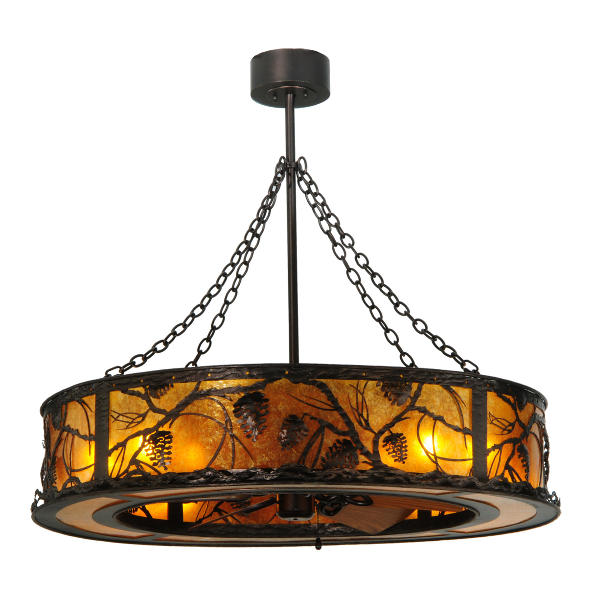 Front angled view showing fan and illuminated forest motif.