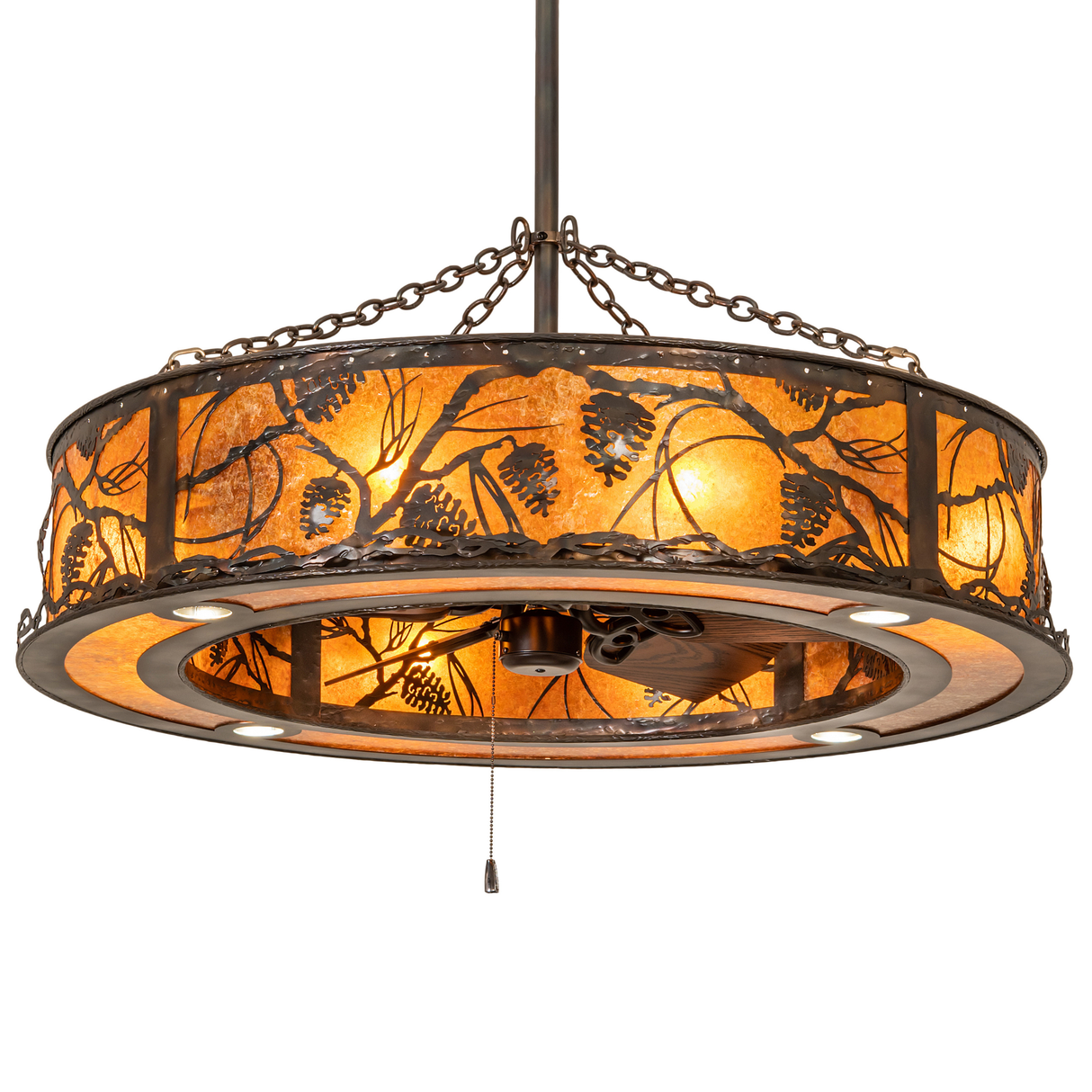 Front lit view of Whispering Pines Chandel-Air showing amber mica glow and pinecone detailing.
