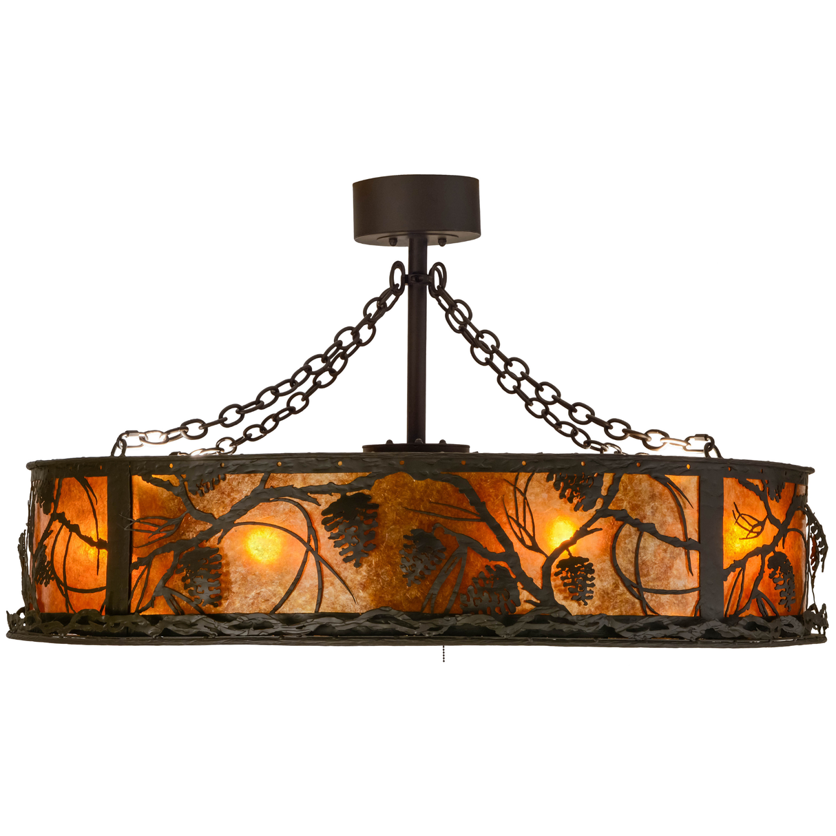 Front lit view displaying pinecone motifs and warm amber glow.