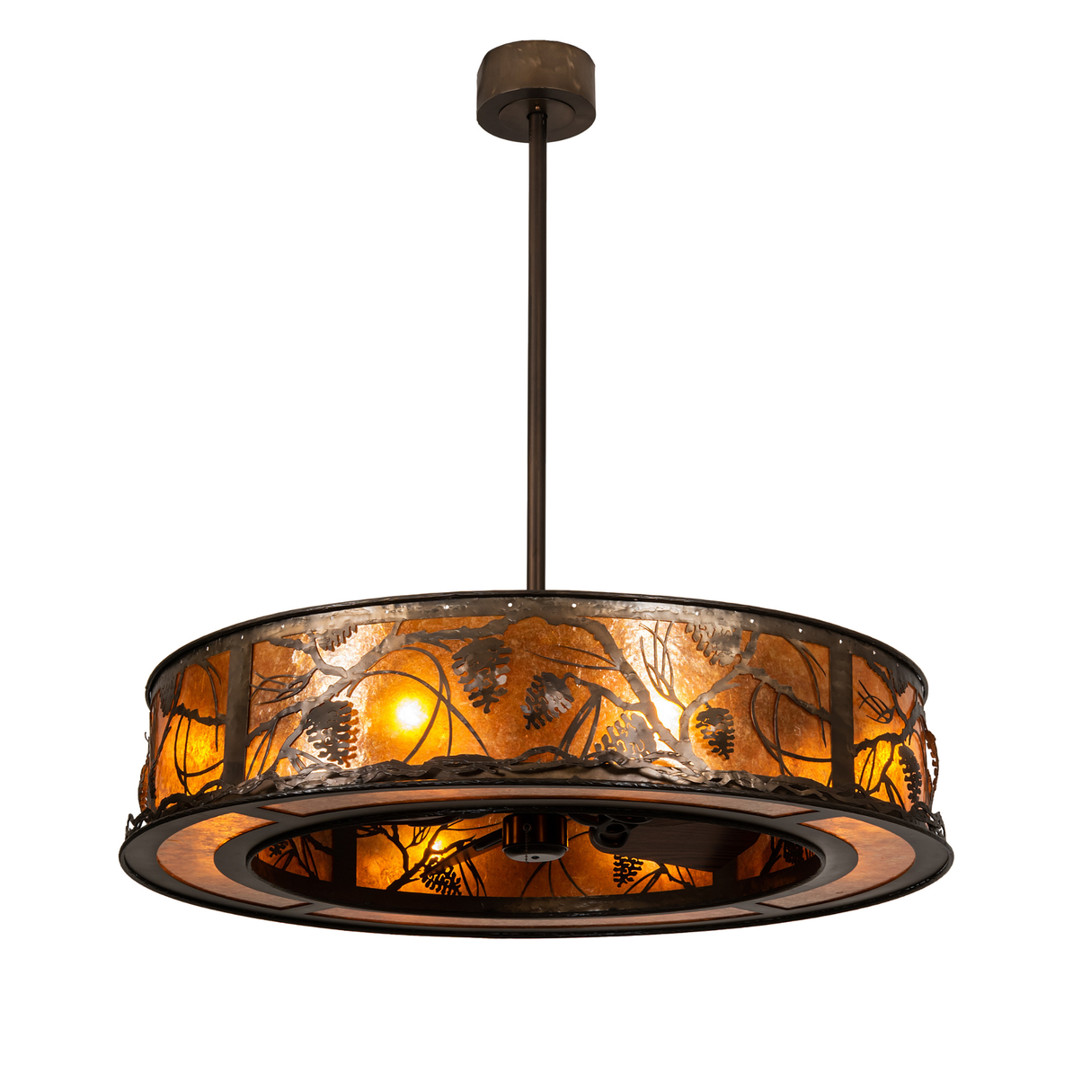 Full lit front view showing pine branch design and glowing amber mica panels.