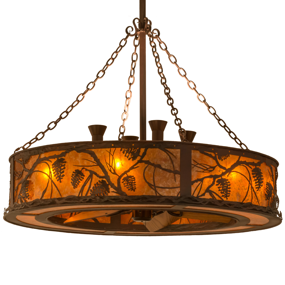 Whispering Pines Chandel-Air illuminated with amber mica and pine branch design.