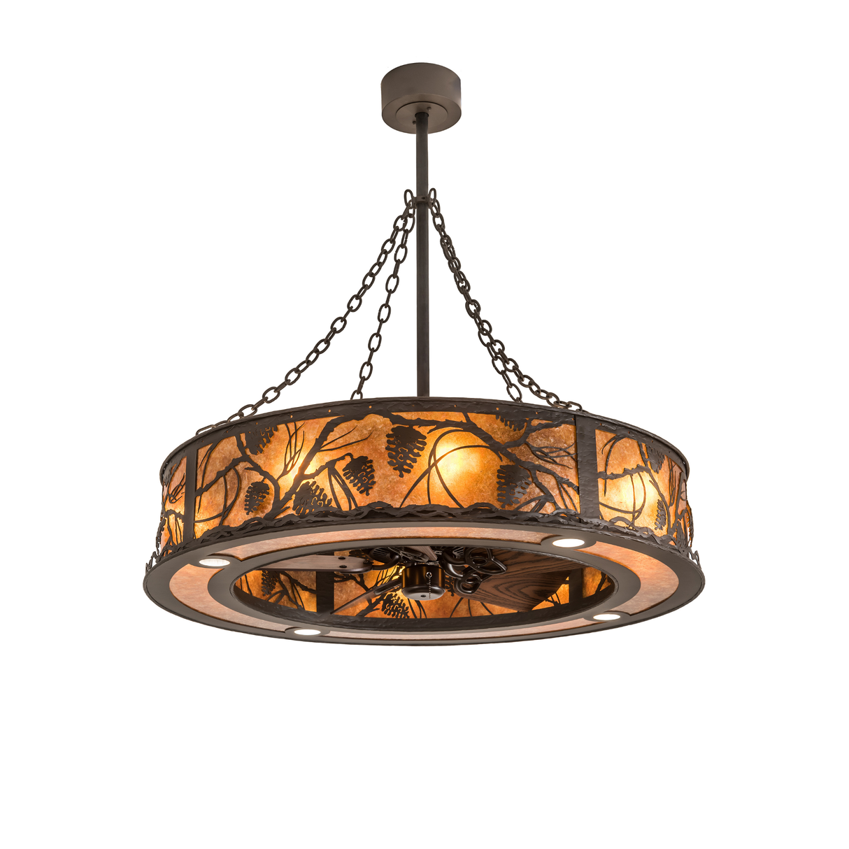 Angled lit view of Whispering Pines Chandel-Air glowing with amber mica diffuser.