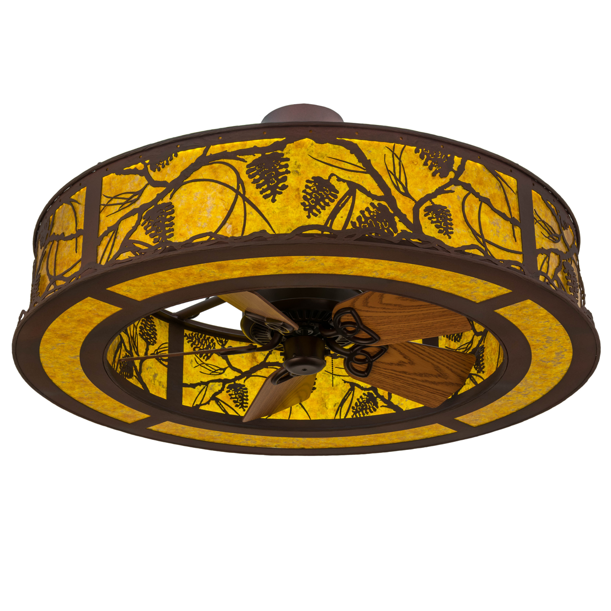 Bottom angle highlighting fan blades and warm amber glow.