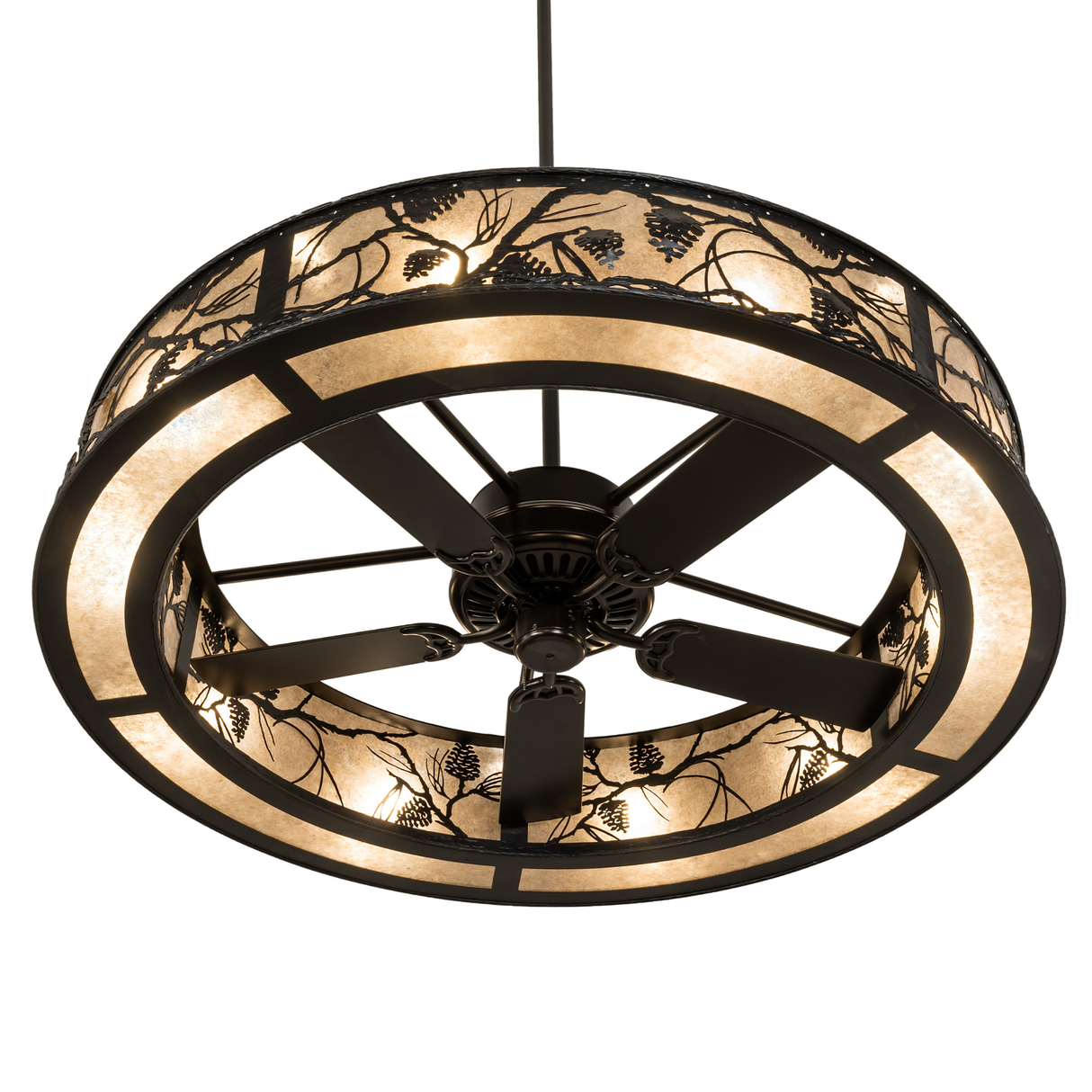 Angled bottom-lit view showing fan blades and pine design details.