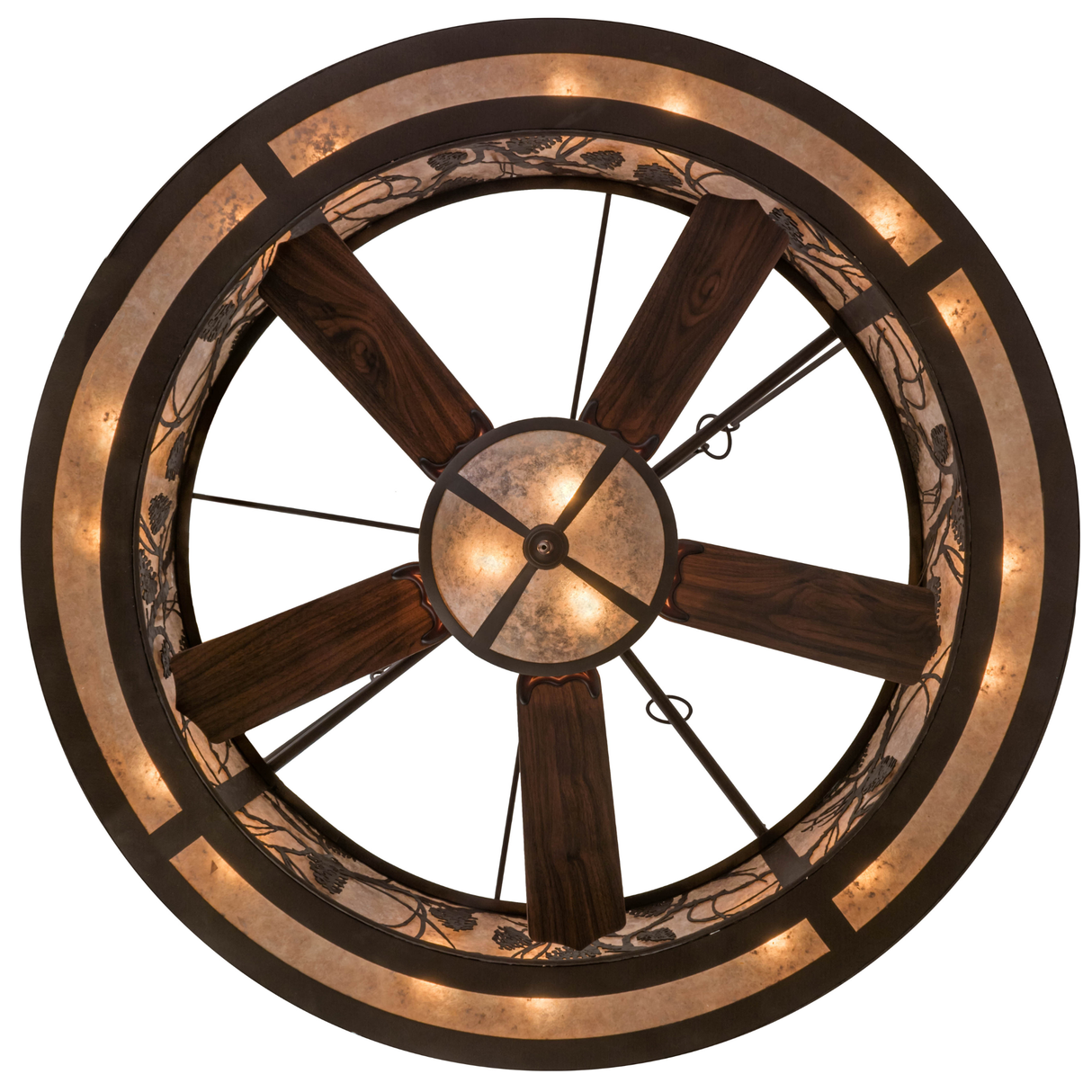 Bottom view showing fan blades and light diffuser glow.