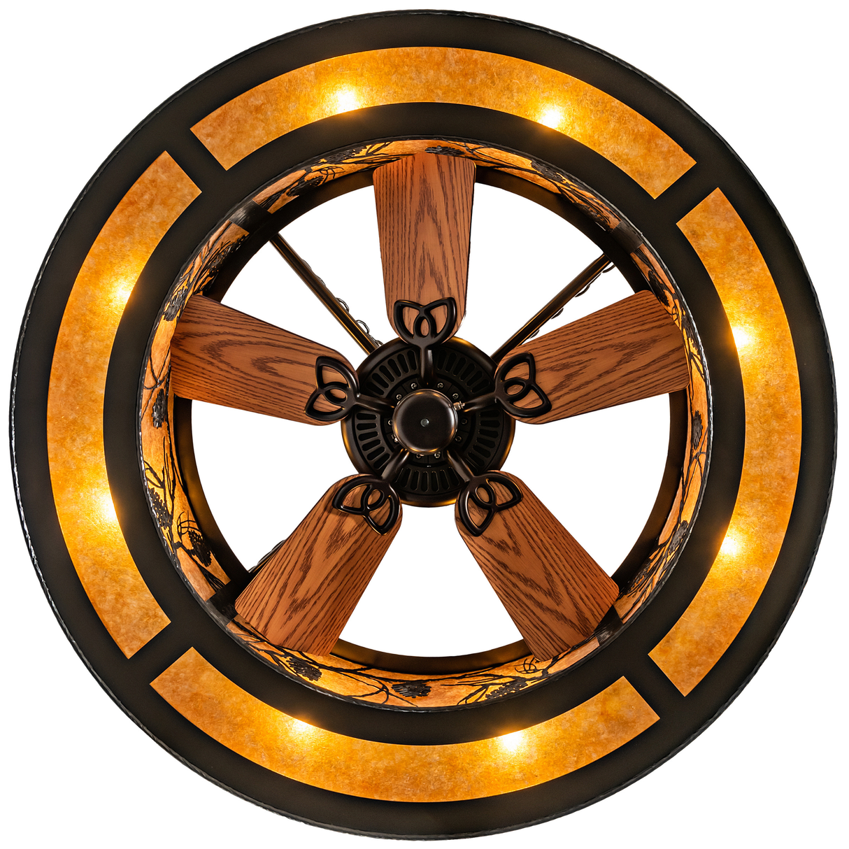 Bottom lit view of integrated fan with illuminated mica panels.