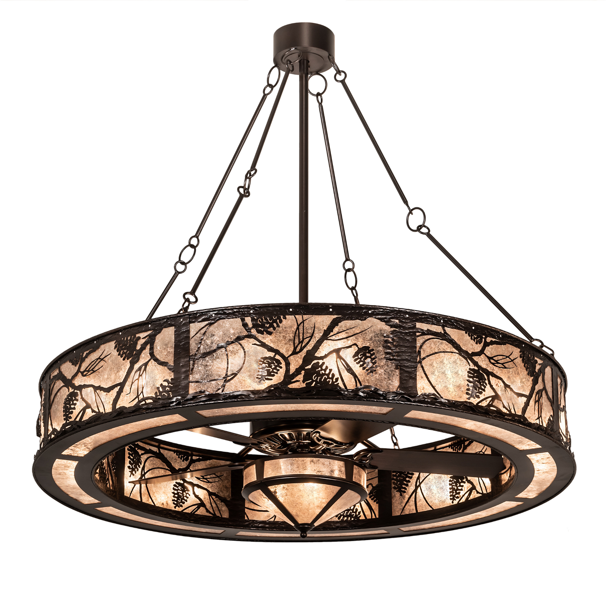 Front angle lit view of Whispering Pines Chandel-Air with pinecone motifs.