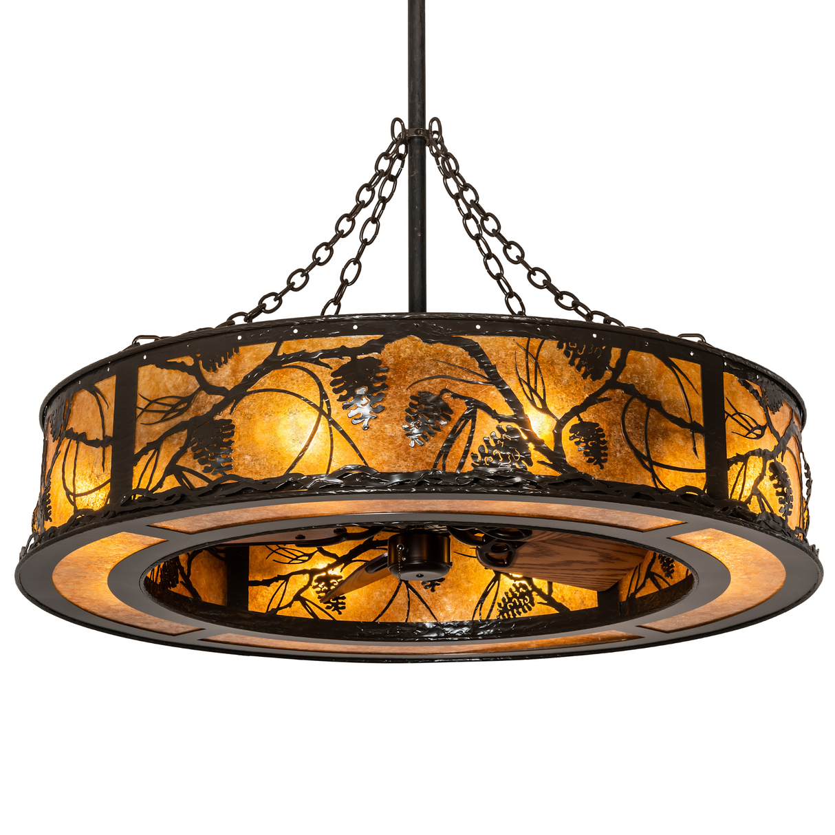 Angled lit view of Whispering Pines Chandel-Air with amber mica shade.