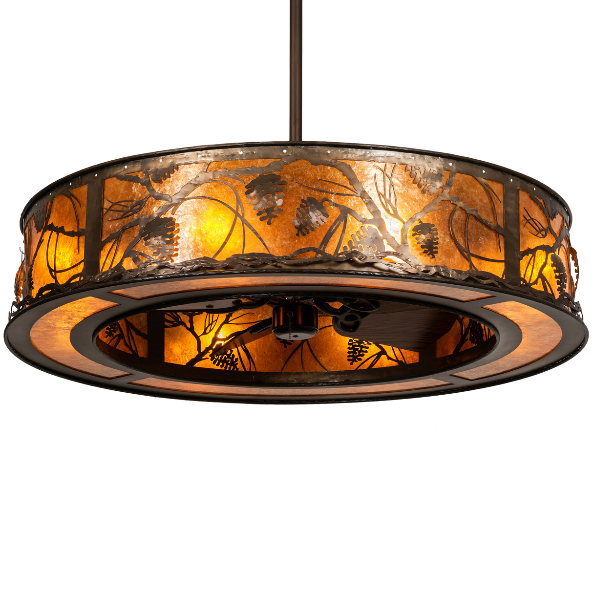 Hero lit front angle showing amber mica glow and pine branch detailing.