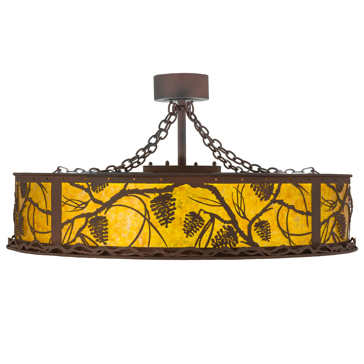 Front view showing glowing amber diffuser and pine branch pattern.