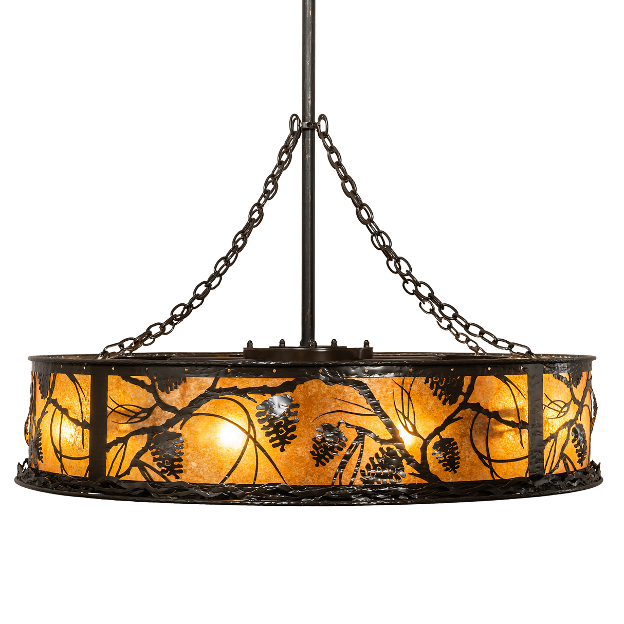 Side lit view of Whispering Pines Chandel-Air with pinecone detailing.