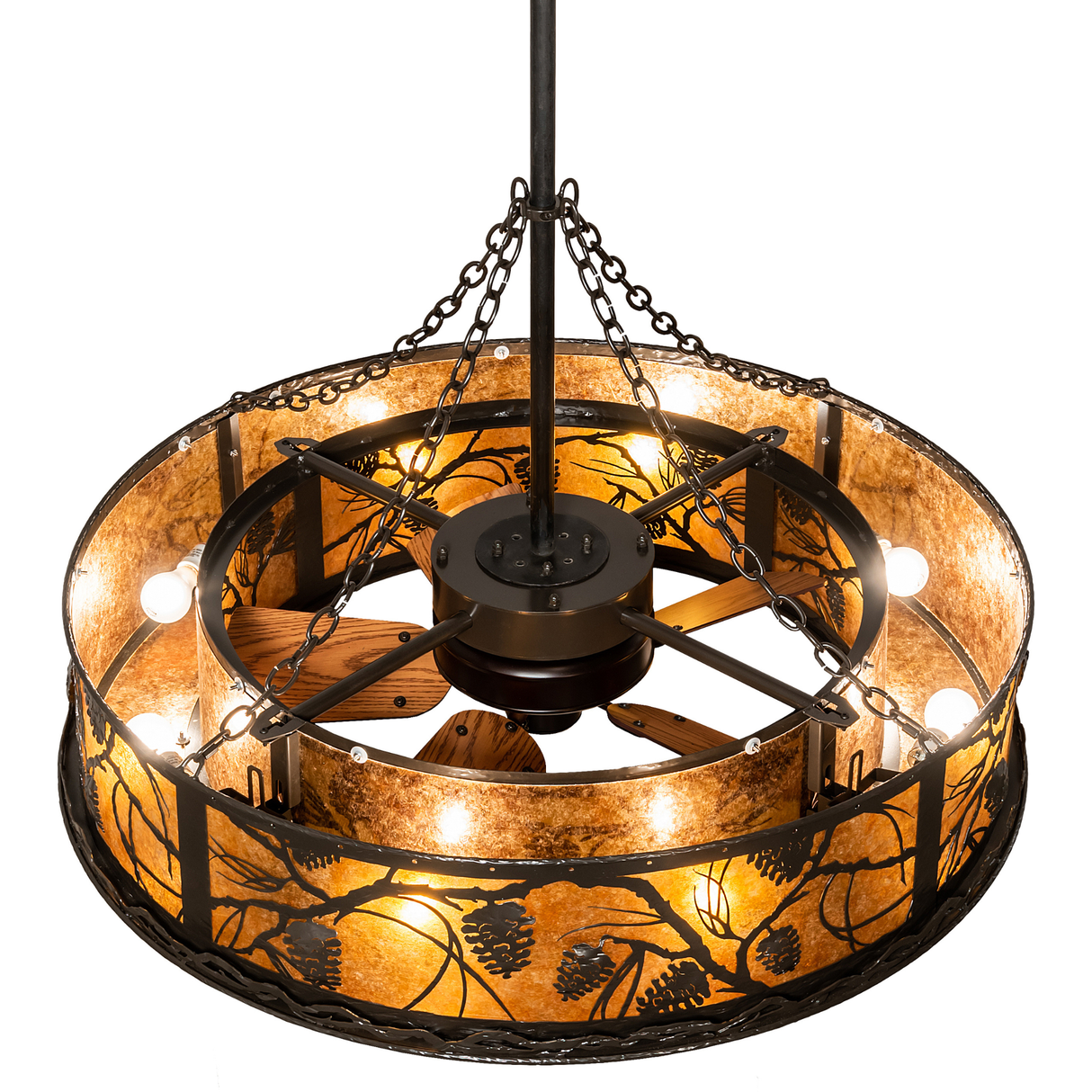 Top angled lit view revealing fan and light arrangement inside.