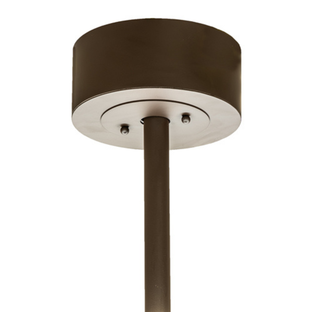 Ceiling mount and rod detail of Whispering Pines Chandel-Air in bronze finish.
