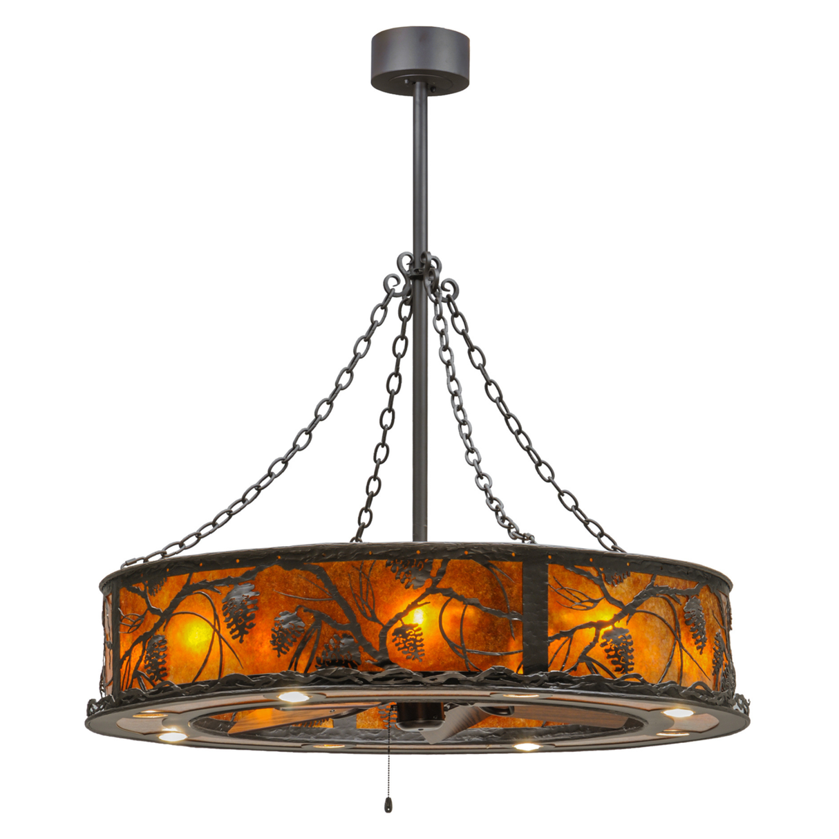 Overall lit view showing full hanging fixture with downlights and fan.