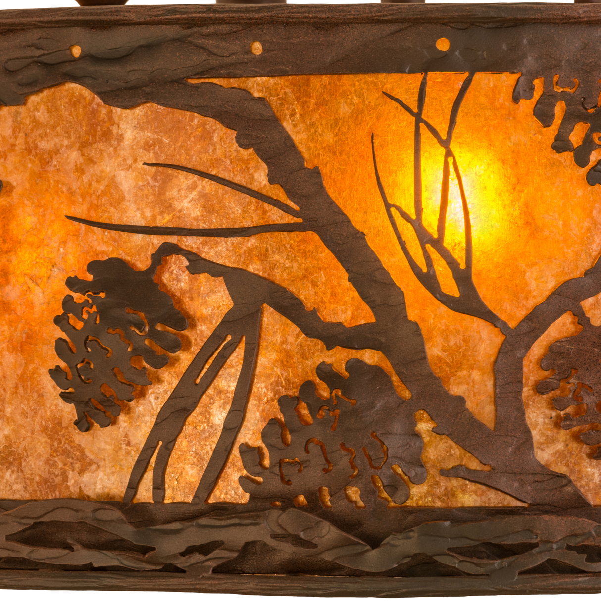 Detailed panel view highlighting pine branch pattern and mica illumination.