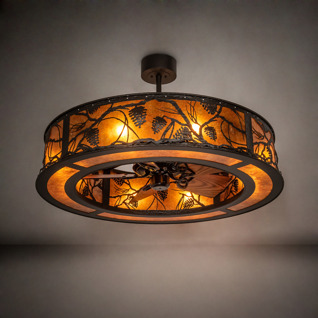 Whispering Pines Chandel-Air softly illuminating a rustic interior ceiling.
