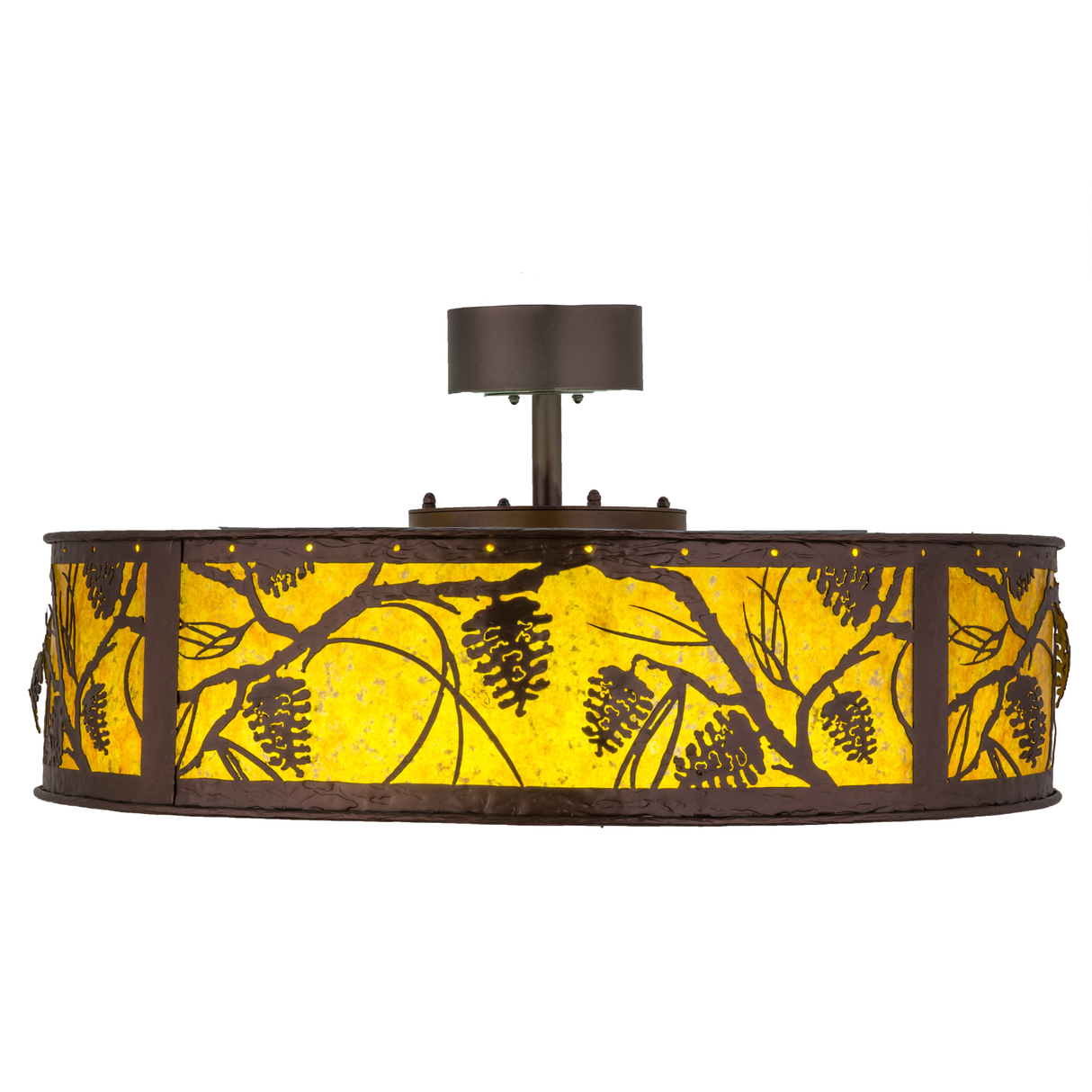 Side lit view highlighting warm amber glow and intricate pine motifs.