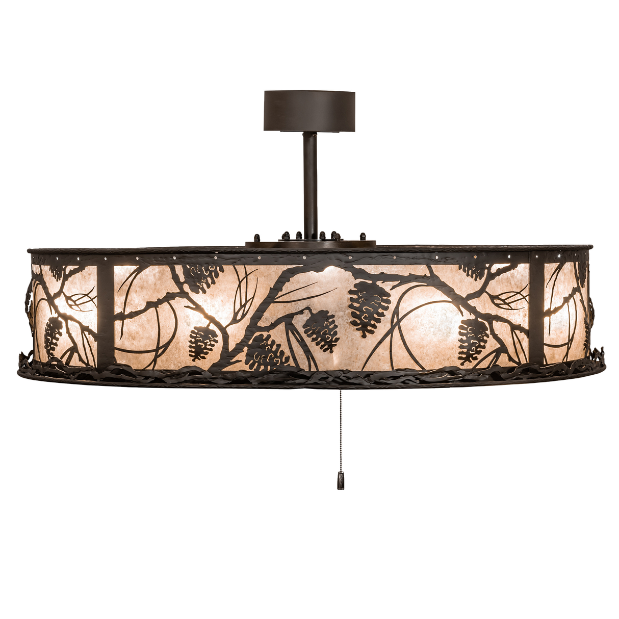 Side lit angle showing glowing mica diffuser and detailed pine motif.