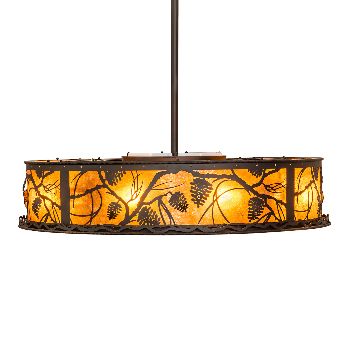 Side profile showing illuminated amber mica diffuser and metalwork.