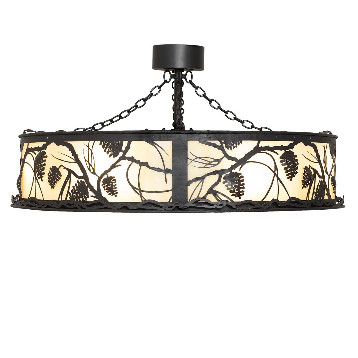 Side profile of Whispering Pines chandelier fan with handcrafted metal pinecone motifs.