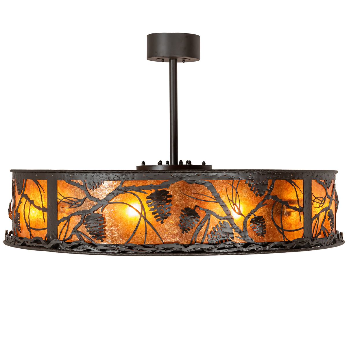 Side view showing amber mica panels and pinecone design of Chandel-Air.