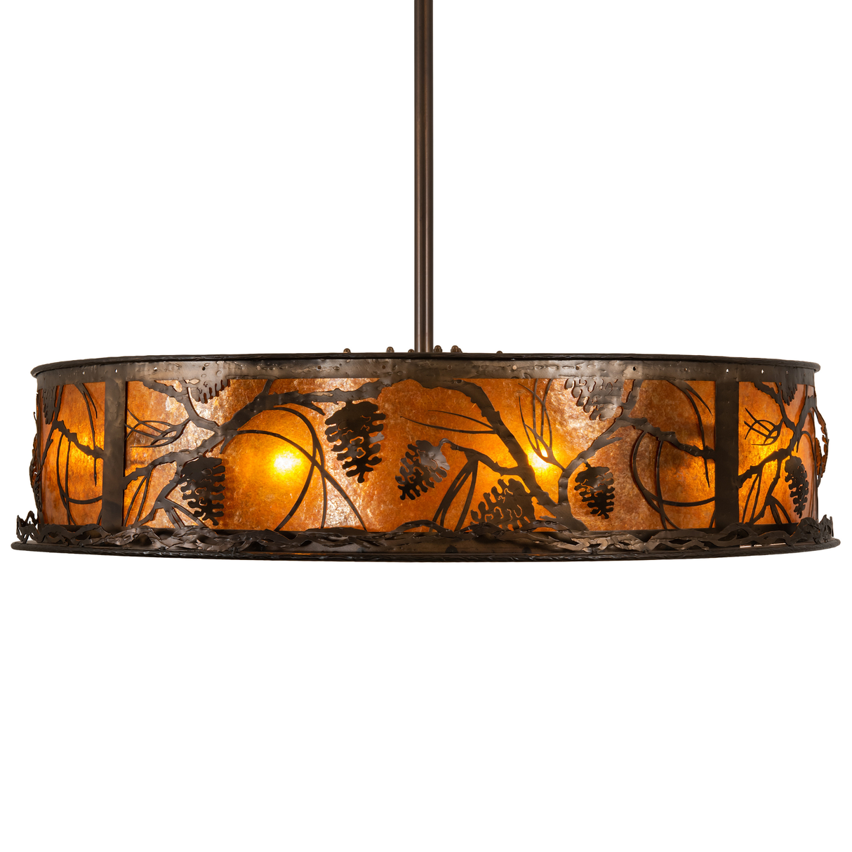 Side lit view highlighting layered pinecone silhouettes on amber mica.