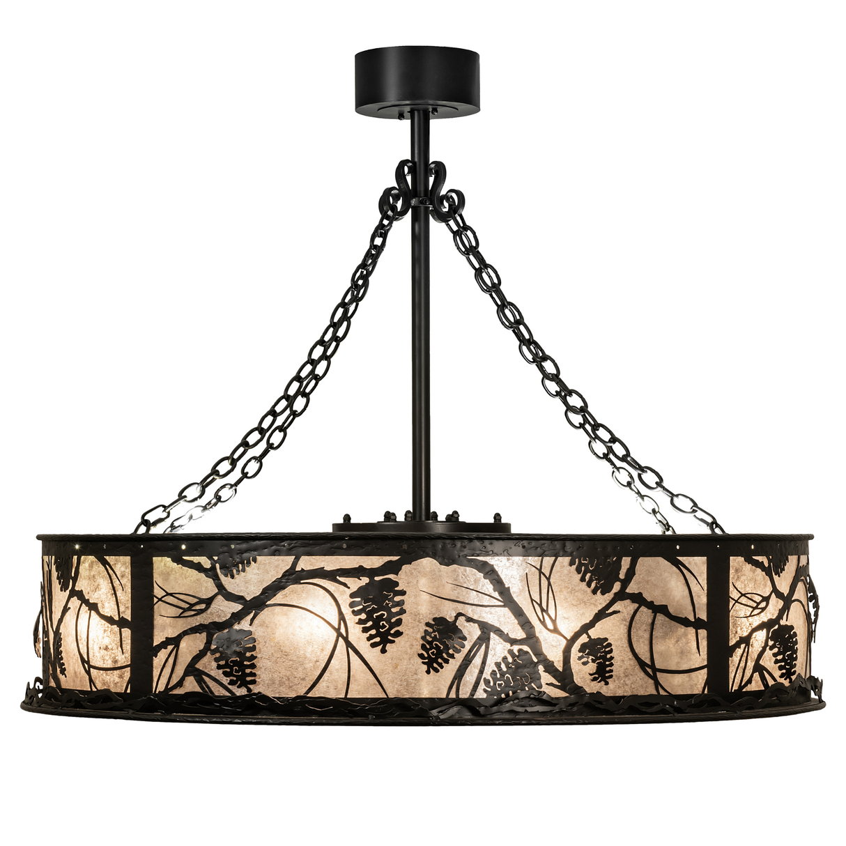 Side profile with glowing mica panels and pine branch silhouettes.