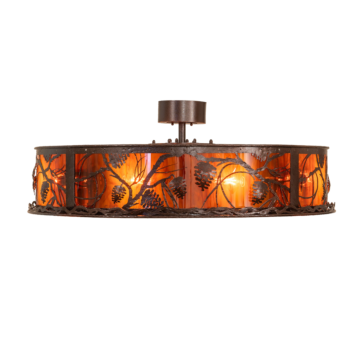 Side profile of Whispering Pines chandelier with glowing amber glass.