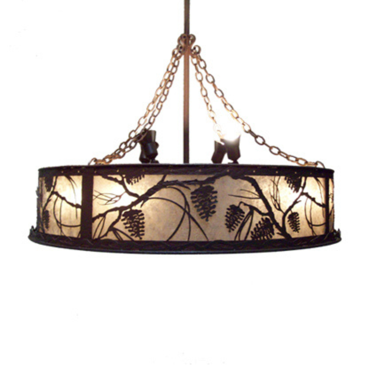 Side view emphasizing rustic Mahogany Bronze finish and chain mount.