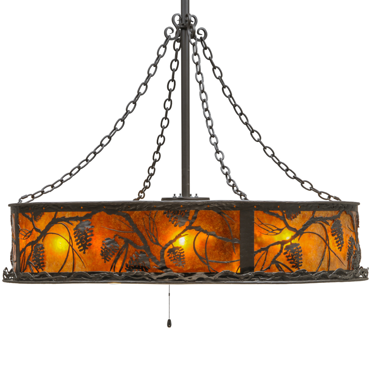 Side lit view showcasing pinecone pattern and warm amber illumination.