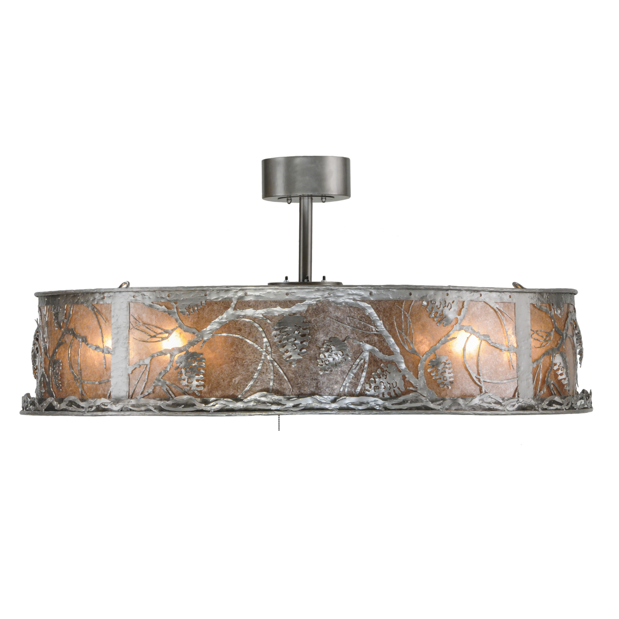 Side lit view highlighting silver finish and nature-inspired pattern.