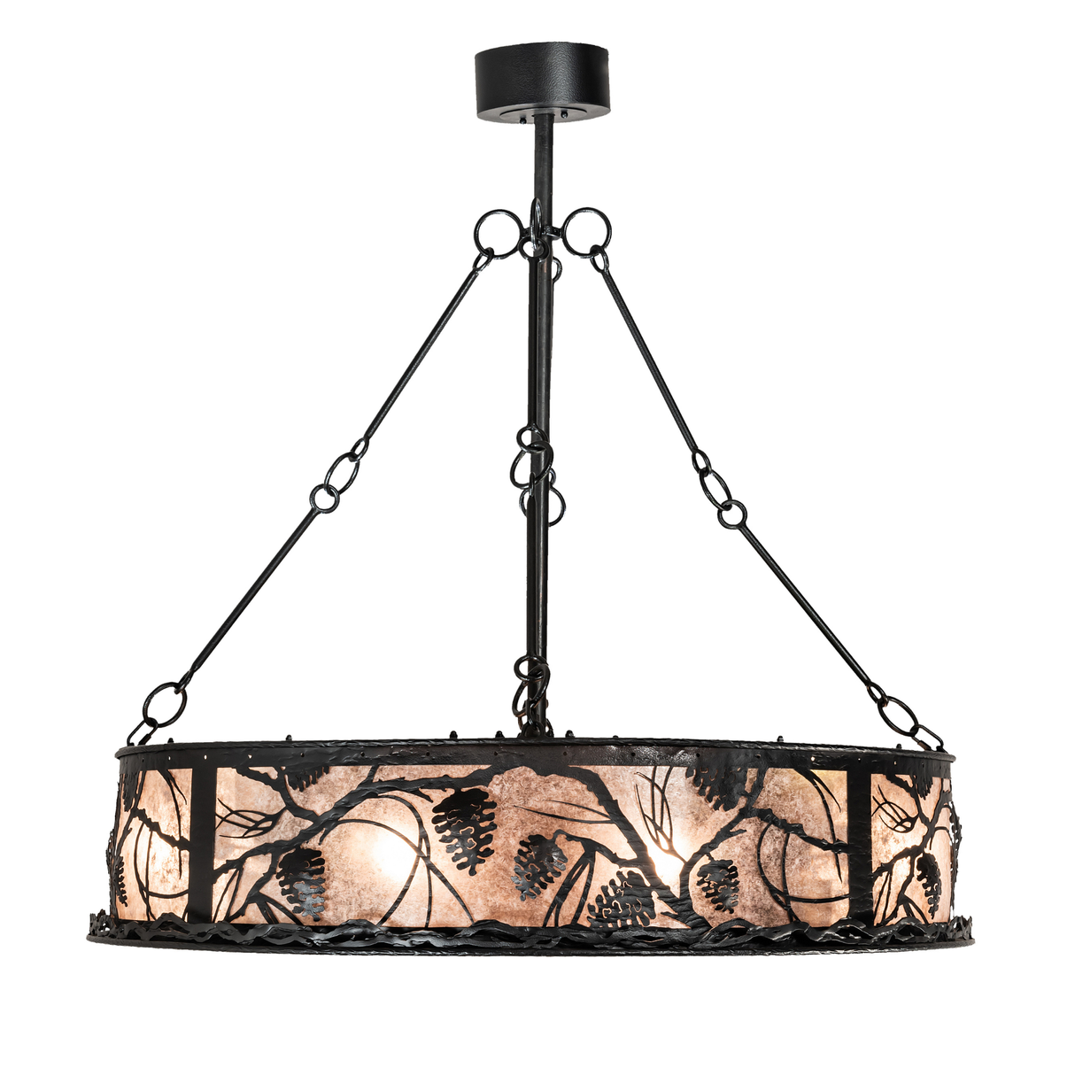 Side lit view displaying detailed pine motif and soft amber illumination.