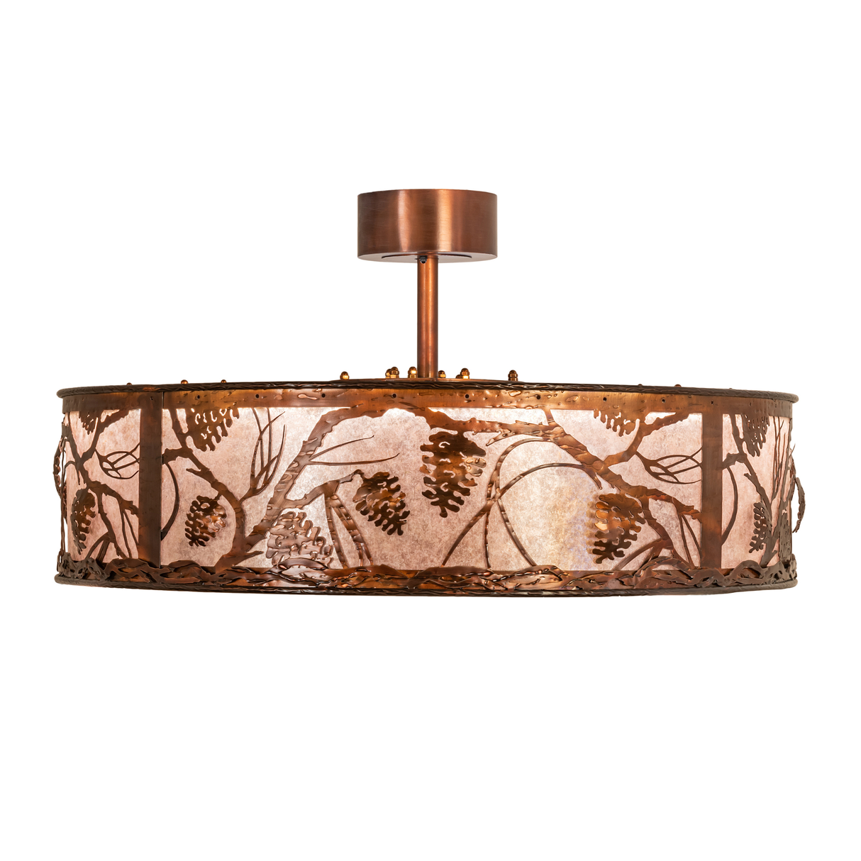 Front view of Whispering Pines Chandel-Air with glowing mica and pinecone pattern.