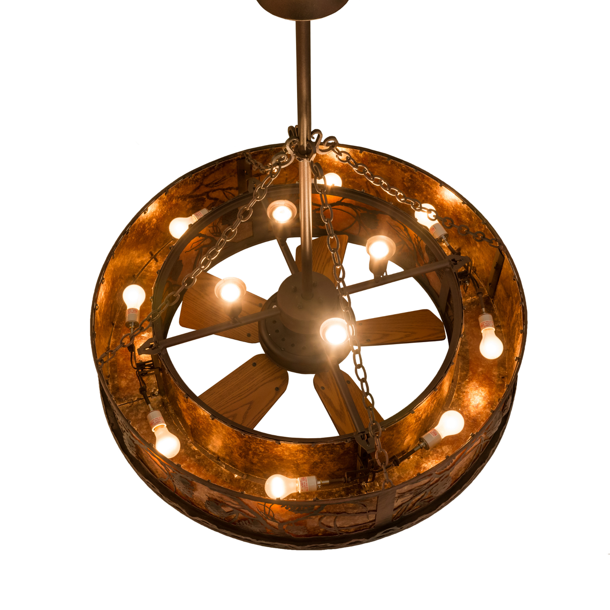 Angled view showing interior bulb arrangement and rustic chain support.