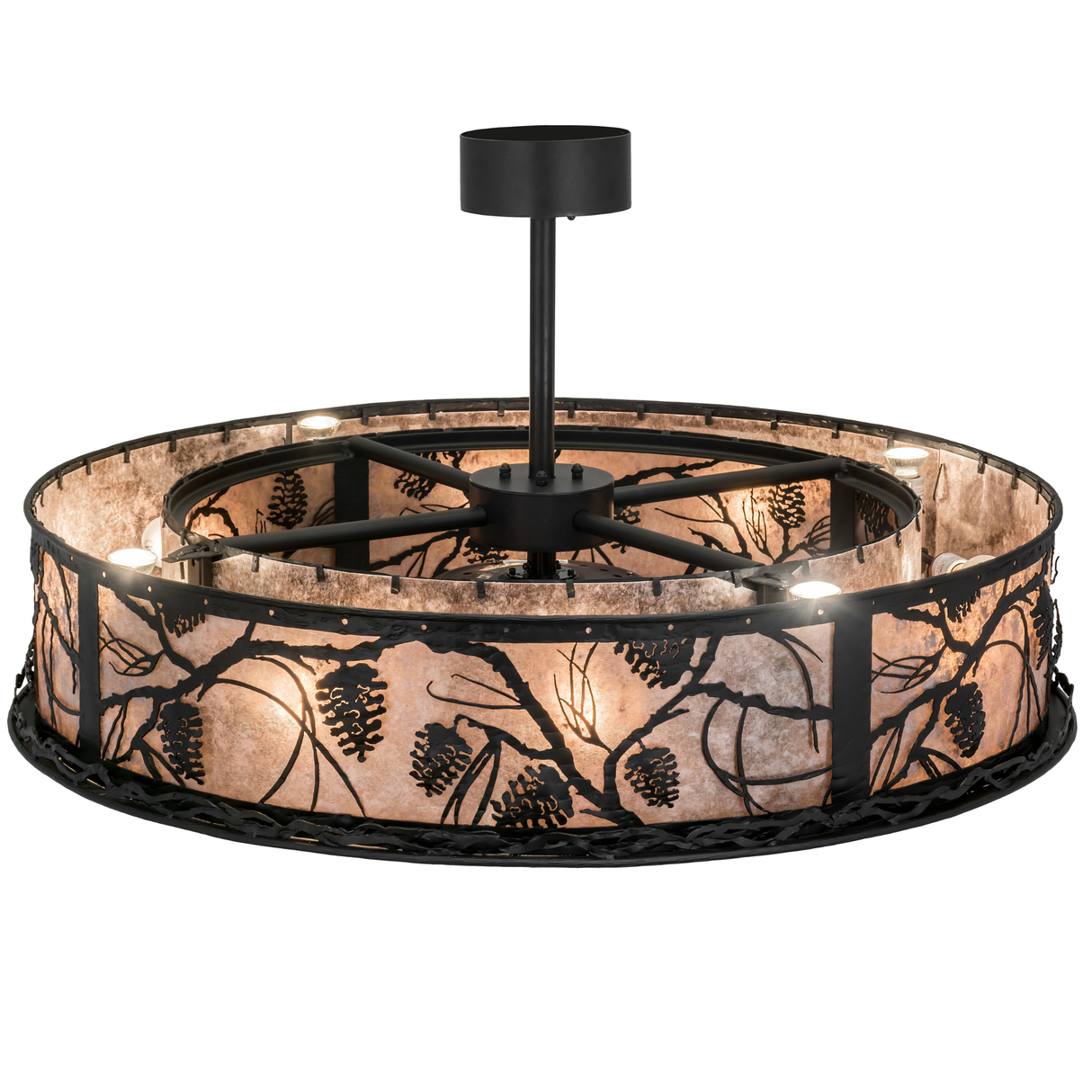 Top angle lit view displaying uplights and intricate pine branch detailing.