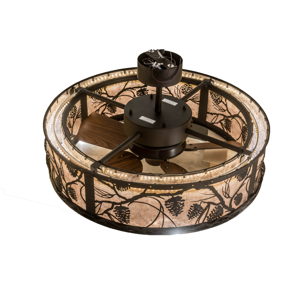 Top angled lit view showing LED ring and bronze canopy details.