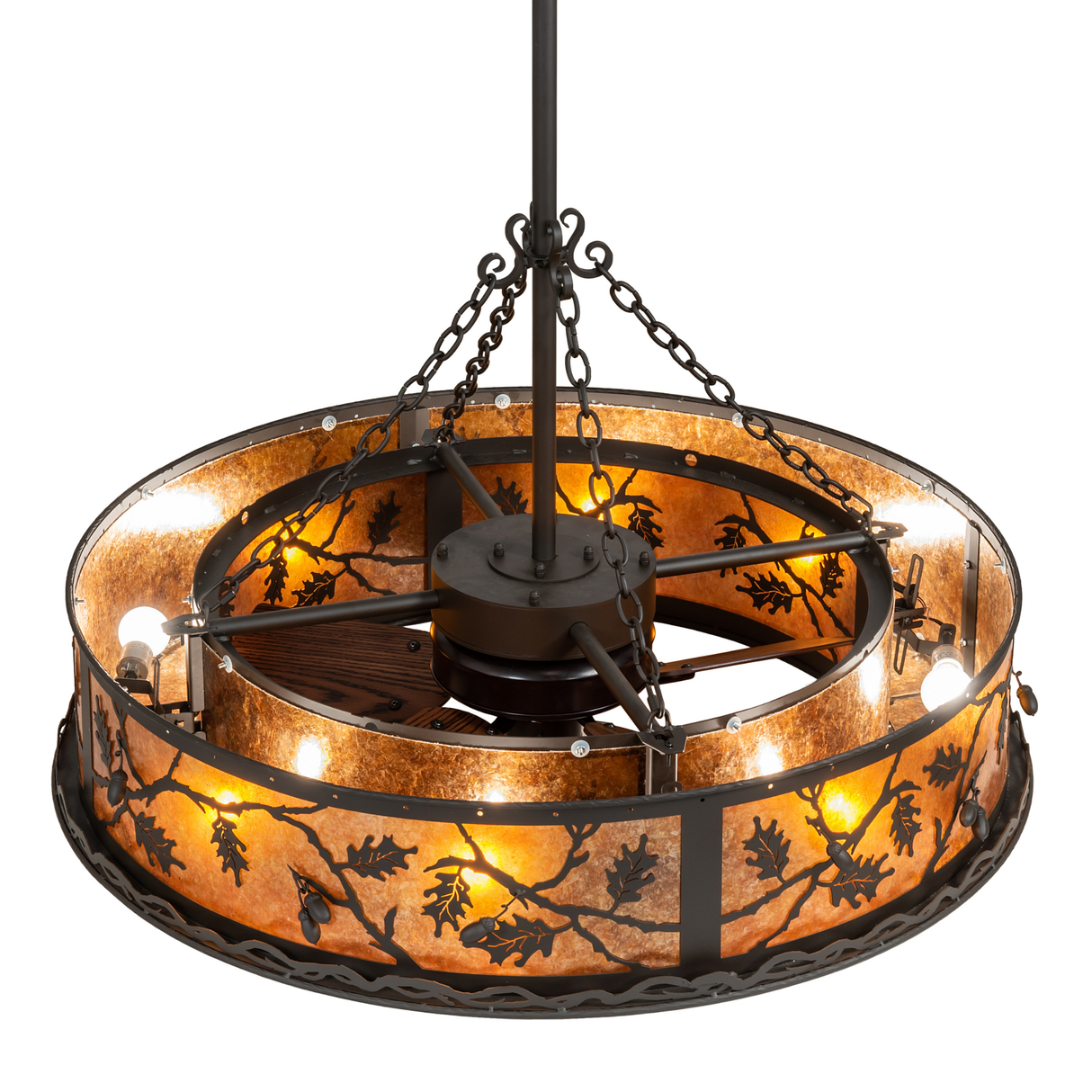 Overhead lit view showing bulbs, chain mounts, and internal structure.