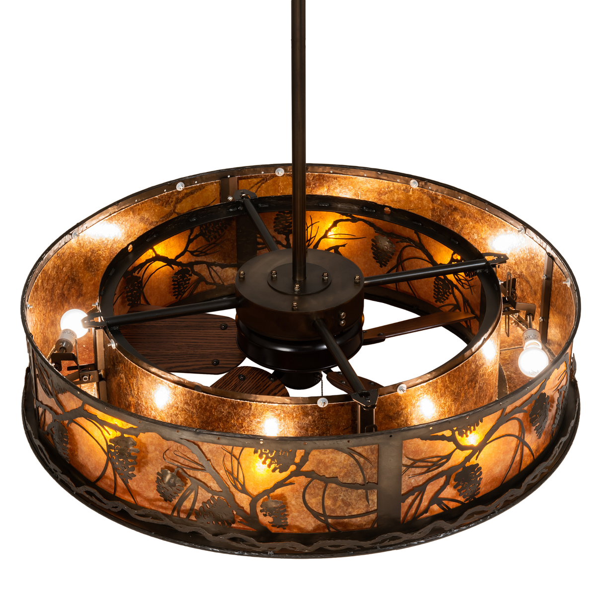 Overhead lit angle showing fan hub, support rods, and inner bulb arrangement.
