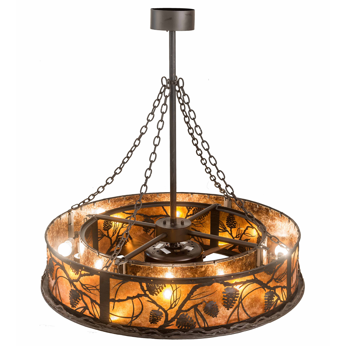 Overhead lit view showing fan motor, bulbs, and amber mica panels.