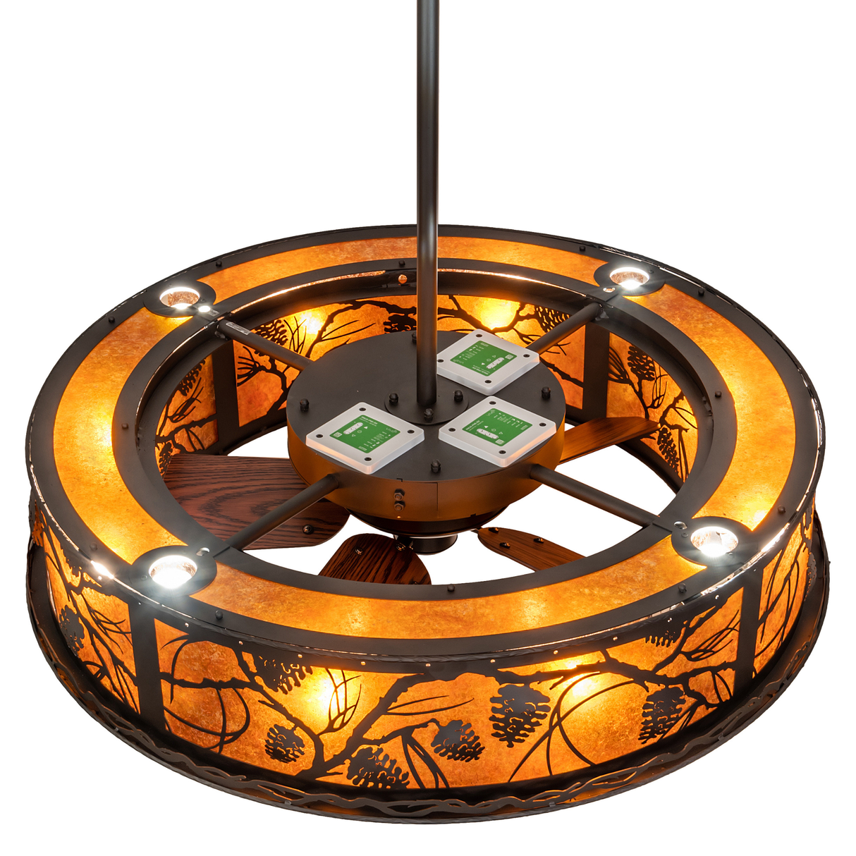 Overhead view of Whispering Pines Chandel-Air showing LED lights and fan blades.