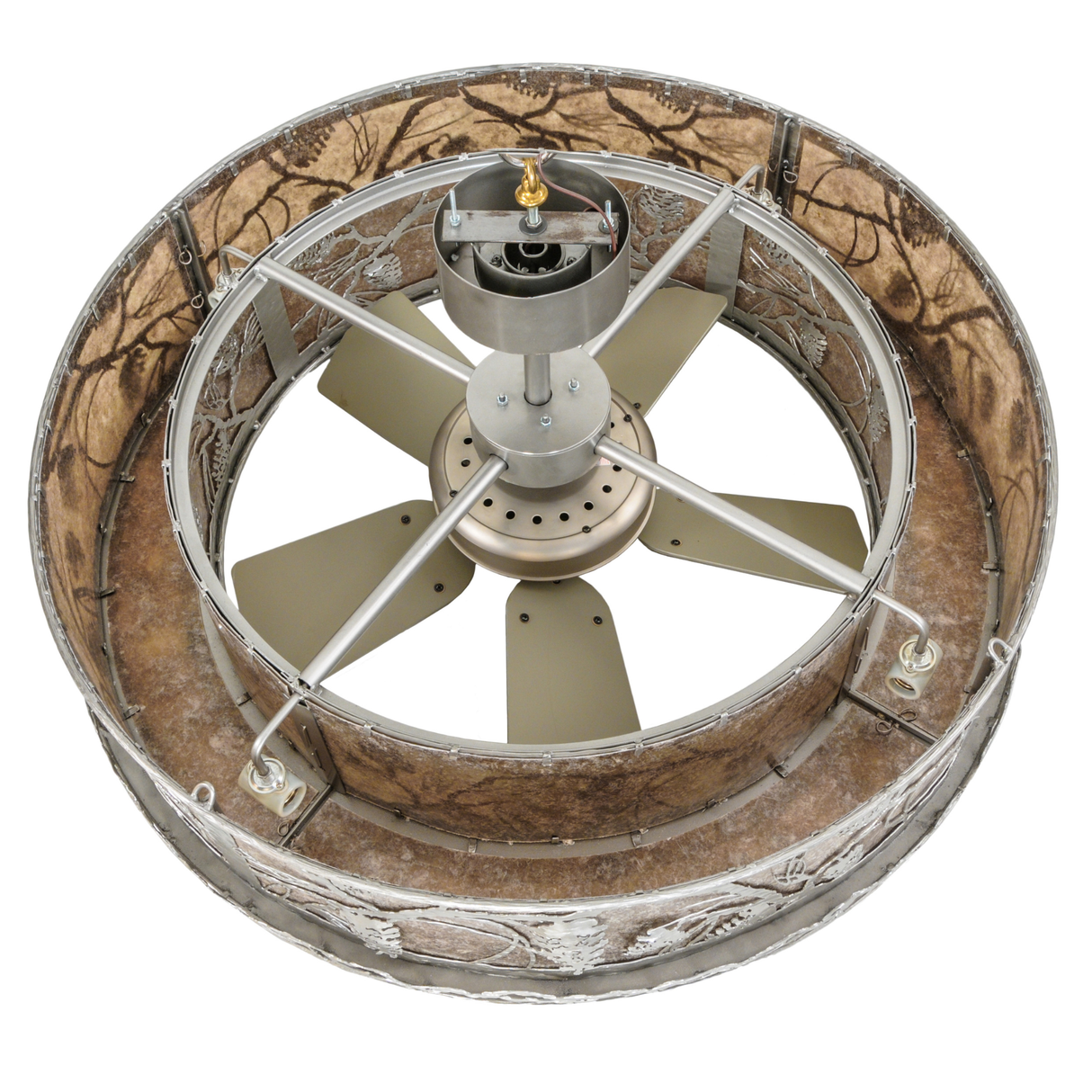 Top unlit view showing fan blades and inner metal framework.