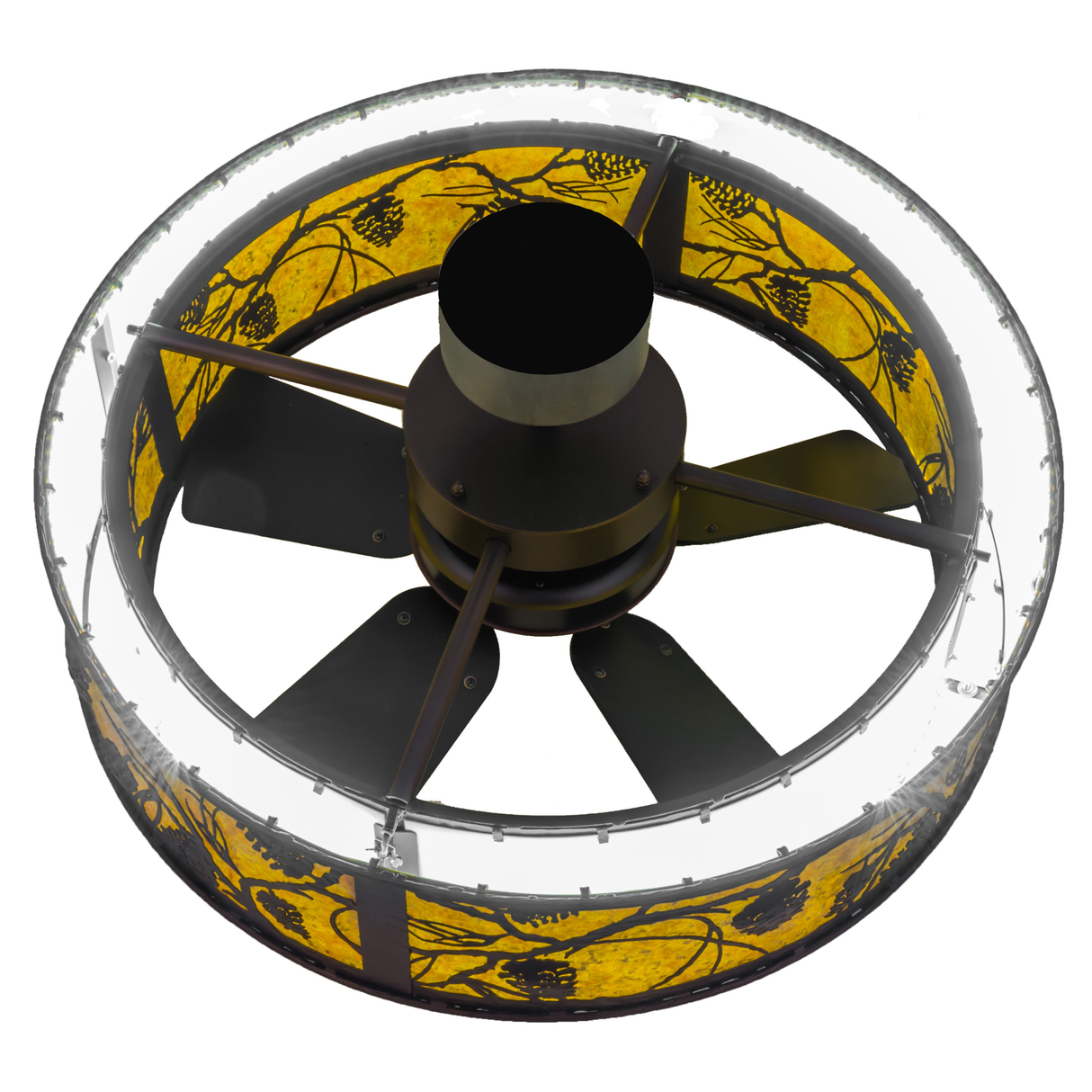 Overhead view showing integrated fan blades and bronze support rods.
