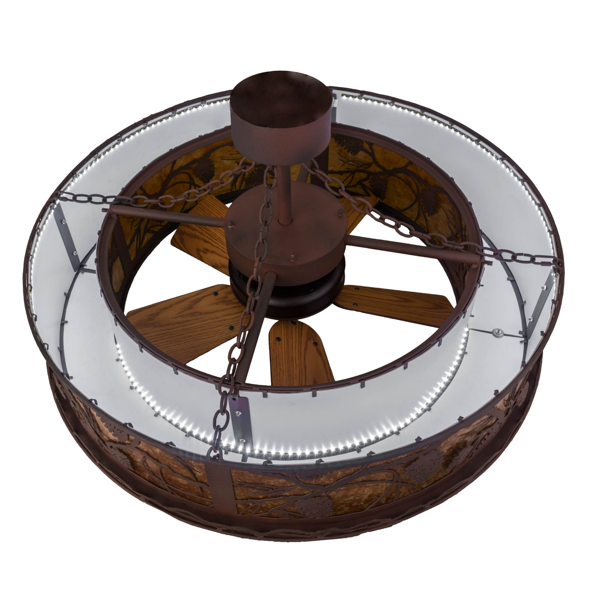 Top view showing fan blades and LED lighting ring.