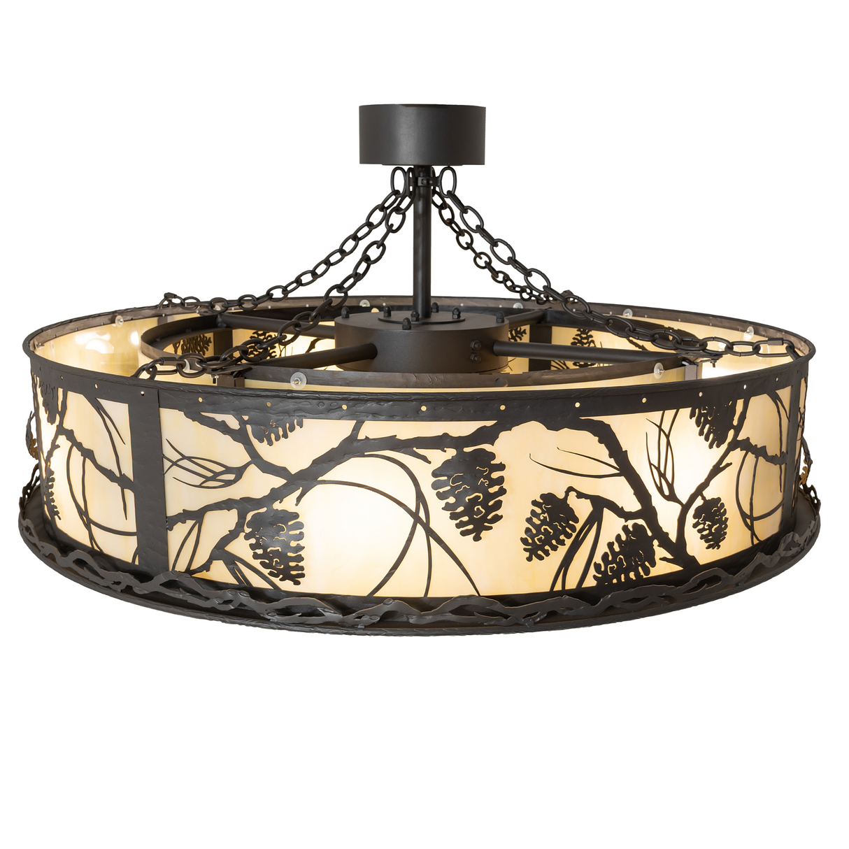 Top view of Whispering Pines chandelier fan showing light placement and fan hub.