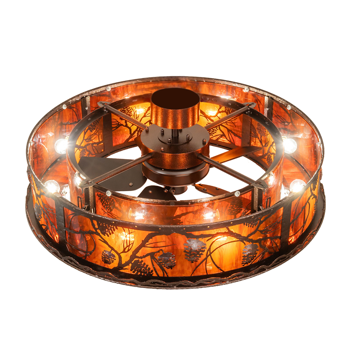 Top view of Whispering Pines chandelier showing fan and lighting layout.