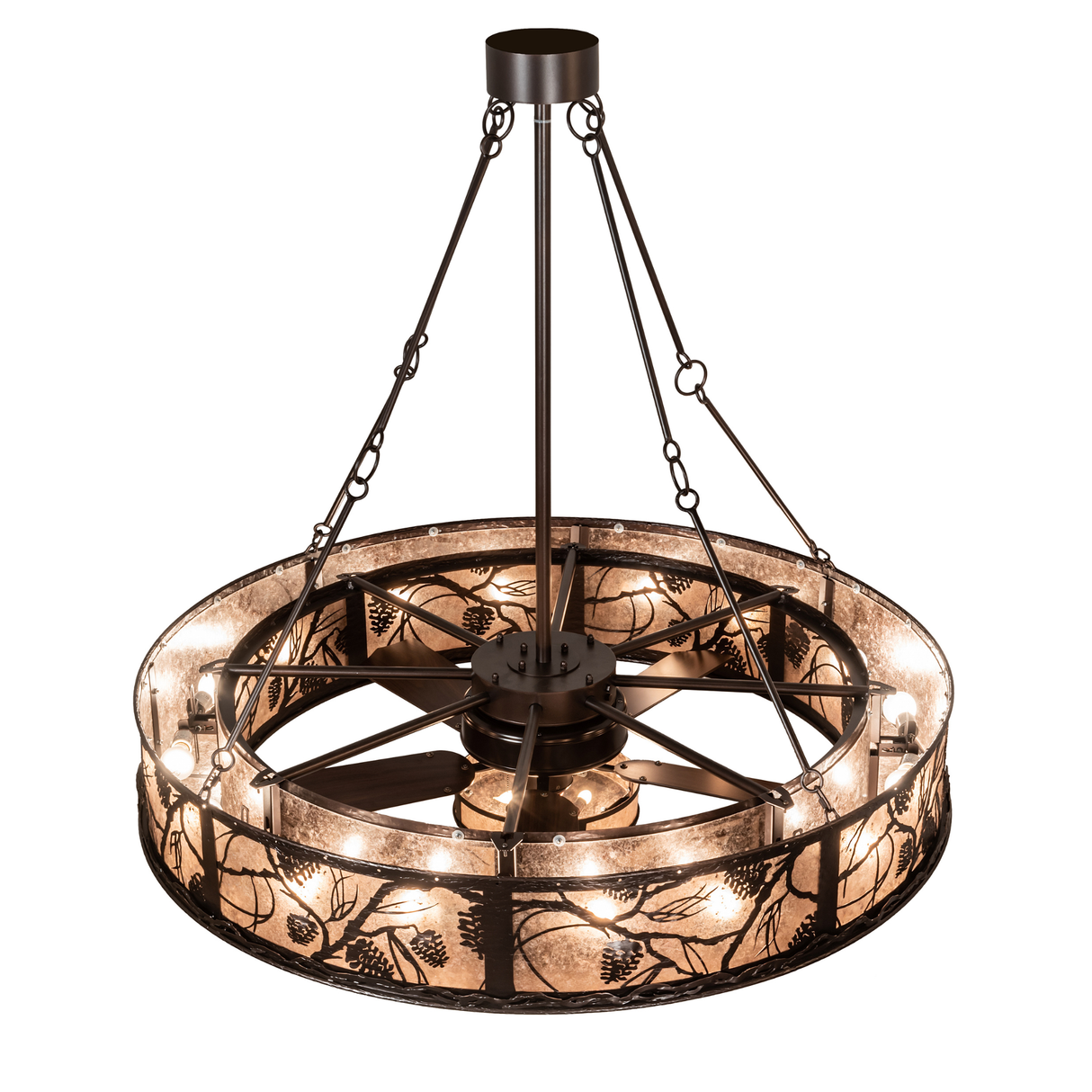 Overhead lit view highlighting silver mica panels and pine branch patterns.
