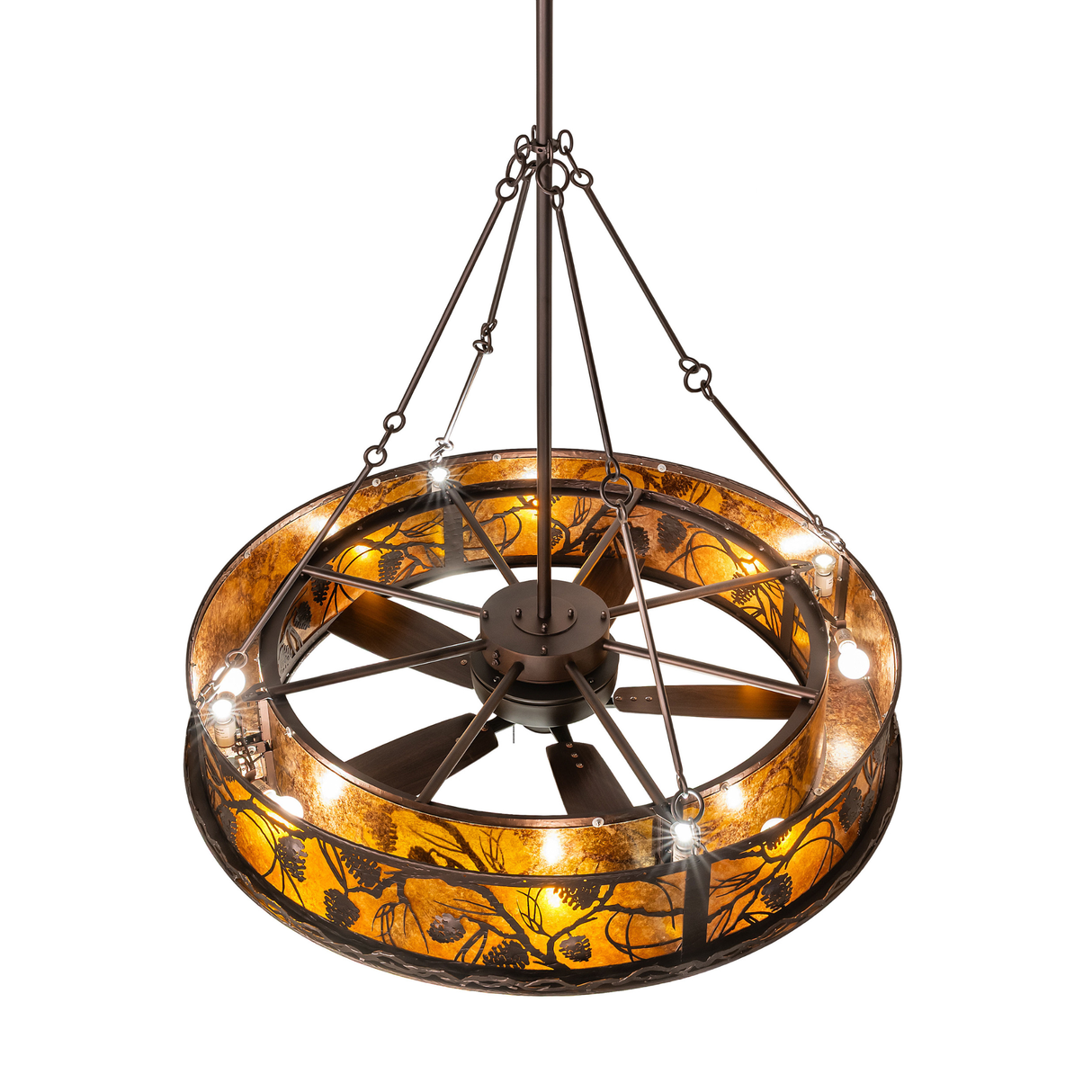 Top-down view showing pinecone motifs and fan design.