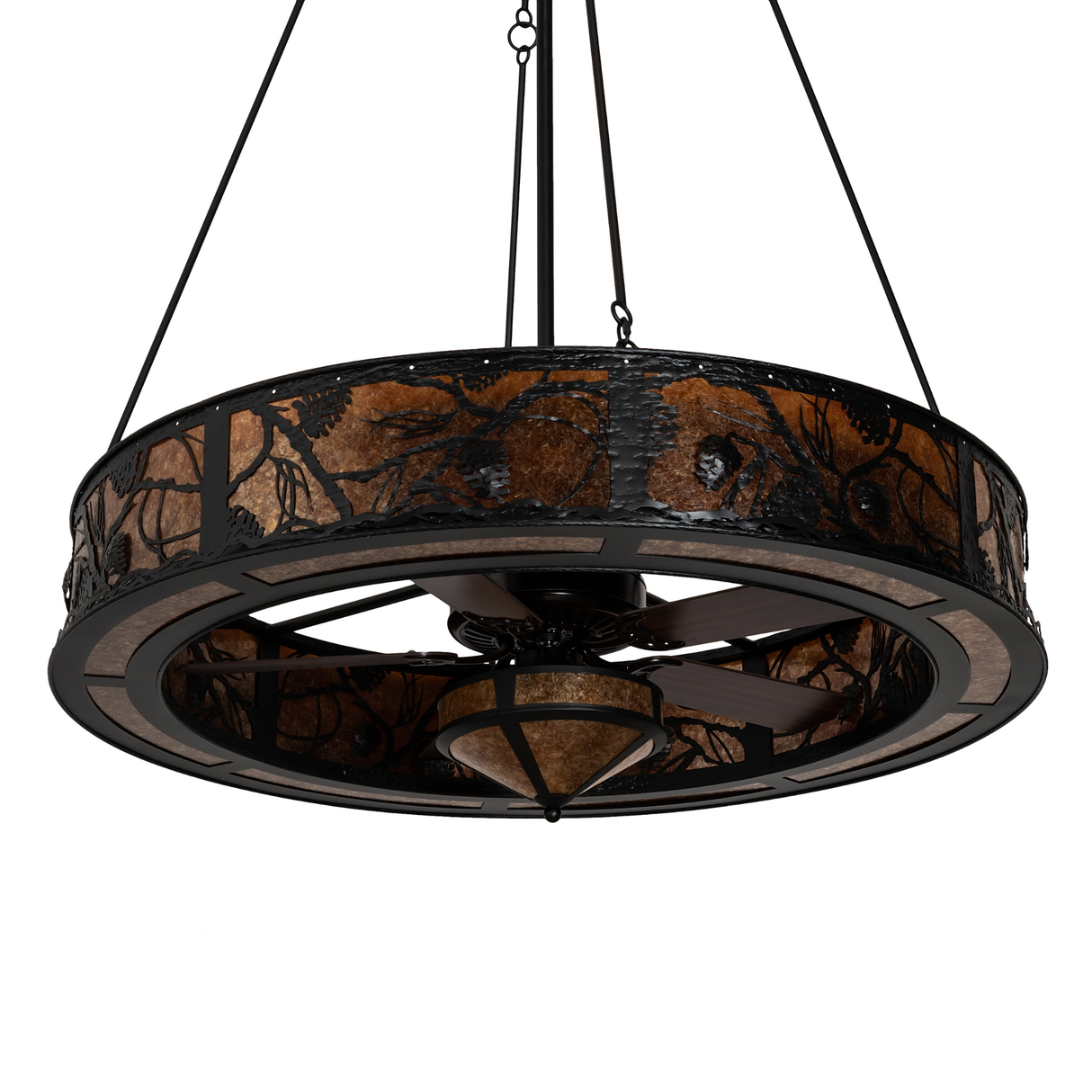 Unlit angled view showing detailed pine branch metalwork and structure.